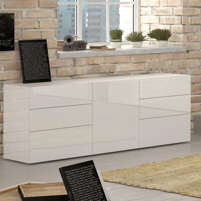 Dmora Credenza moderna a 1 anta e 6 cassetti, Made in Italy, Madia da cucina, Buffet di design da soggiorno, cm 170x40h35, Bianco lucido