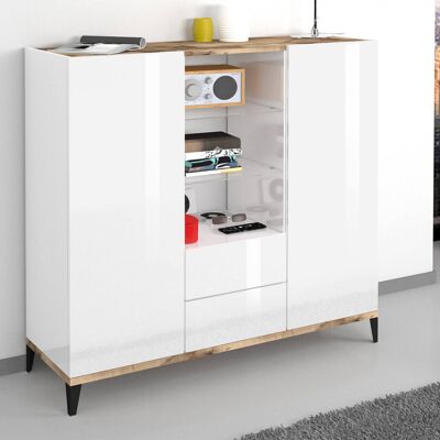 Dmora Credenza moderna a 2 ante e 2 cassetti, Made in Italy, Madia con ripiani, Buffet di design da ingresso, Cm 120x40h133, Bianco lucido e Acero