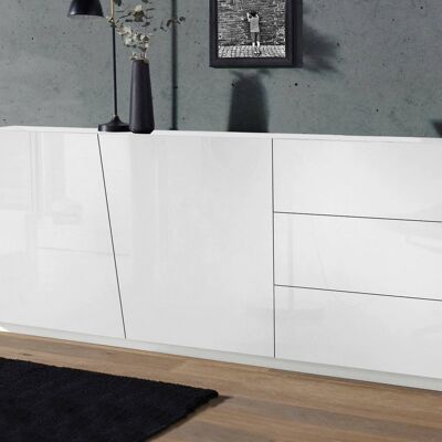 Dmora Credenza moderna a 2 ante e 3 cassetti, Made in Italy, Madia da cucina, Buffet di design da soggiorno, cm 180x43h86, Bianco lucido