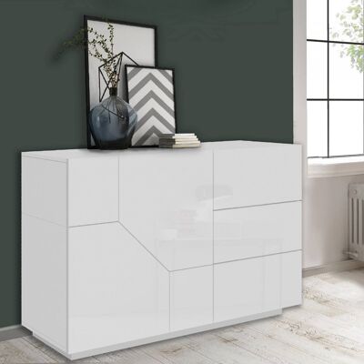 Dmora Credenza moderna a 2 ante geometriche e 3 cassetti, Made in Italy, Madia da cucina, Buffet di design da soggiorno, Cm 141x43h86, Bianco lucido