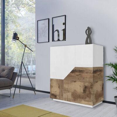 Dmora Credenza moderna a 2 ante geometriche, Made in Italy, Madia da ingresso, Buffet di design da soggiorno, Cm 100x43h106, Bianco lucido e Acero