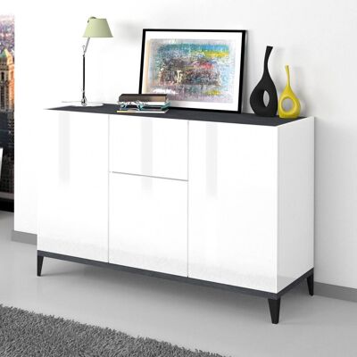 Dmora Credenza moderna a 3 ante e 1 cassetto, Made in Italy, Madia da cucina rialzata, Buffet di design da soggiorno, Cm 120x40h82, Bianco lucido e Ardesia