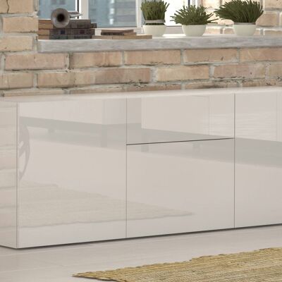 Dmora Credenza moderna a 3 ante e 1 cassetto, Made in Italy, Madia da cucina, Buffet di design da soggiorno, con piedini, cm 170x40h35, Bianco lucido