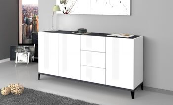 Dmora Buffet moderne avec 3 portes et 3 tiroirs, Made in Italy, Buffet de cuisine surélevé, Buffet design pour le salon, Cm 160x40h82, Blanc brillant et Ardoise 1