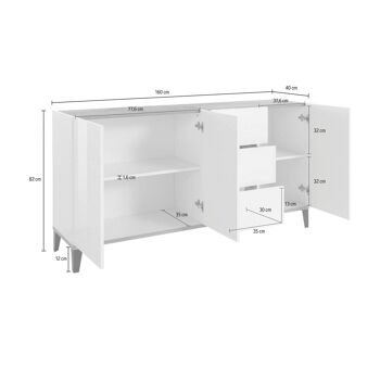 Dmora Buffet moderne avec 3 portes et 3 tiroirs, Made in Italy, Buffet de cuisine surélevé, Buffet design pour le salon, Cm 160x40h82, Blanc brillant et Ardoise 5