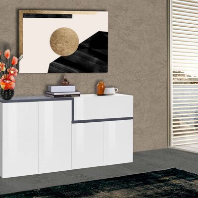 Dmora Credenza moderna a 4 ante e 1 cassetto, Made in Italy, Madia da cucina, Buffet di design da soggiorno, cm 160x40h80, Bianco lucido e Grigio Ardesia