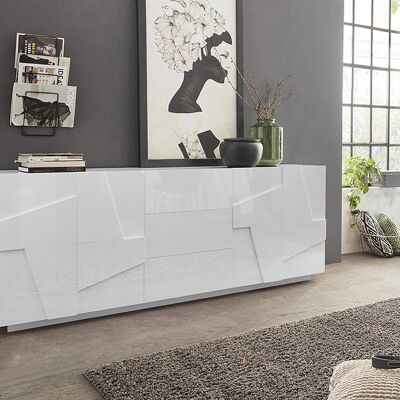 Dmora Credenza moderna a 4 ante e 3 cassetti, Made in Italy, Madia da cucina con dettaglio, Buffet di design da soggiorno, cm 224x44h86, Bianco lucido