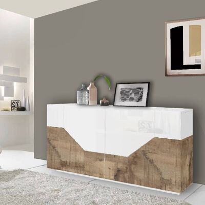 Dmora Credenza moderna a 4 ante geometriche, Made in Italy, Madia da ingresso, Buffet di design da soggiorno, Cm 200x43h86, Bianco lucido e Acero