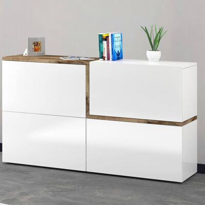 Dmora Credenza moderna a 4 ante ribalta, Made in Italy, Madia da cucina, Buffet di design da soggiorno, cm 150x40h80, Bianco lucido e Acero