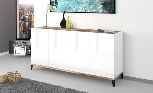 Dmora Credenza moderna a 4 ante, Made in Italy, Madia da cucina rialzata, Buffet di design da soggiorno, Cm 160x40h82, Bianco lucido e Acero