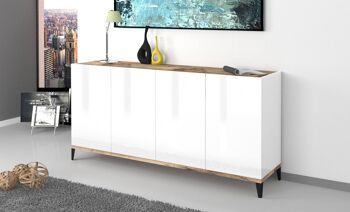 Dmora Buffet moderne à 4 portes, Made in Italy, Buffet de cuisine surélevé, Buffet design de salon, Cm 160x40h82, Blanc brillant et Érable 1