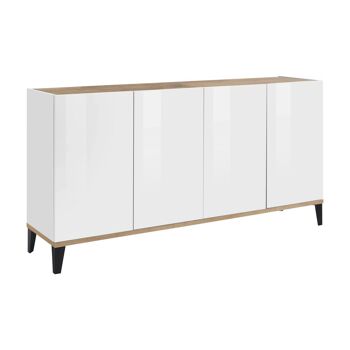 Dmora Buffet moderne à 4 portes, Made in Italy, Buffet de cuisine surélevé, Buffet design de salon, Cm 160x40h82, Blanc brillant et Érable 2