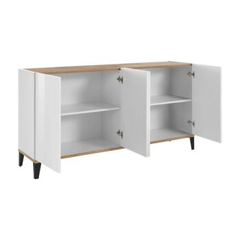 Dmora Buffet moderne à 4 portes, Made in Italy, Buffet de cuisine surélevé, Buffet design de salon, Cm 160x40h82, Blanc brillant et Érable 4