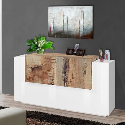 Dmora Credenza moderna a 4 ante, Made in Italy, Madia da cucina, Buffet di design da soggiorno, cm 160x45h86, Bianco lucido e Acero