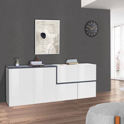 Dmora Credenza moderna a 4 ante, Made in Italy, Madia da cucina, Buffet di design da soggiorno, cm 210x40h80, Bianco lucido e Grigio Ardesia