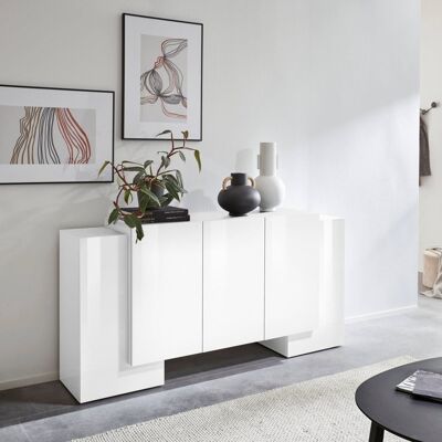 Dmora Credenza moderna a 5 ante, Made in Italy, Madia da cucina, Buffet di design da soggiorno, cm 170x45h85, Bianco lucido