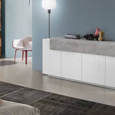 Dmora Credenza moderna a 5 ante, Made in Italy, Madia da cucina, Buffet di design da soggiorno, cm 200x45h86, Bianco lucido e Cemento