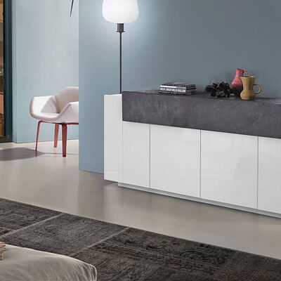 Dmora Credenza moderna a 5 ante, Made in Italy, Madia da cucina, Buffet di design da soggiorno, cm 200x45h86, Bianco lucido e Grigio Cenere