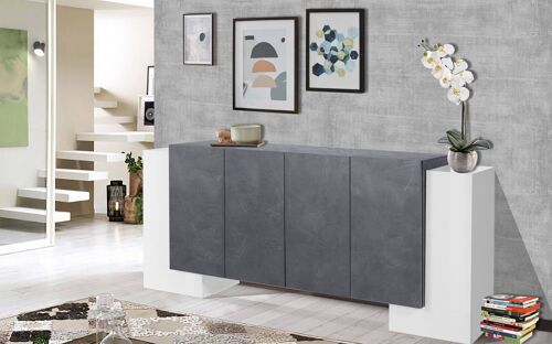 Dmora Credenza moderna a 6 ante, Made in Italy, Madia da cucina, Buffet di design da soggiorno, cm 210x45h85, Bianco lucido e Grigio Cenere