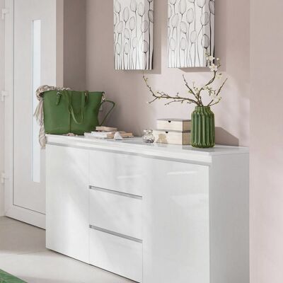 Dmora Credenza moderna, Madia di design a 2 ante 3 cassetti, Made in Italy, Mobile Porta TV, Buffet da soggiorno, cm 150x40h81, Bianco lucido