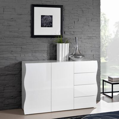 Dmora Credenza ondulata, Madia di design a 2 ante e 4 cassetti, Made in Italy, Mobile Porta TV, Buffet da soggiorno, cm 124x40h81, colore Bianco lucido