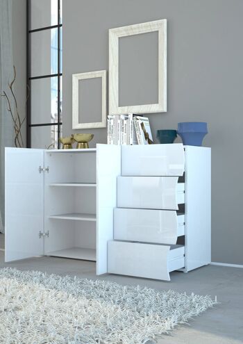 Buffet Dmora Wavy, Buffet design avec 2 portes et 4 tiroirs, Made in Italy, Meuble TV, Buffet de salon, cm 124x40h81, couleur blanc brillant 3