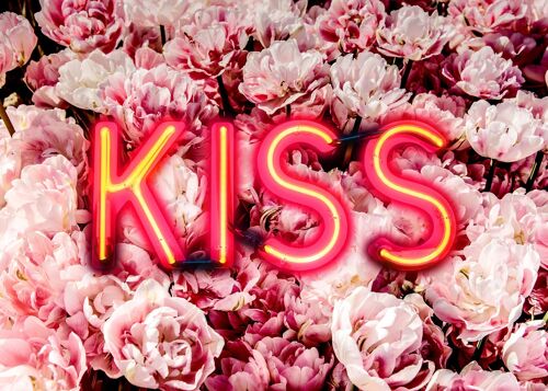 Kiss Neon Sign Roses Print - 50x70 - Matte
