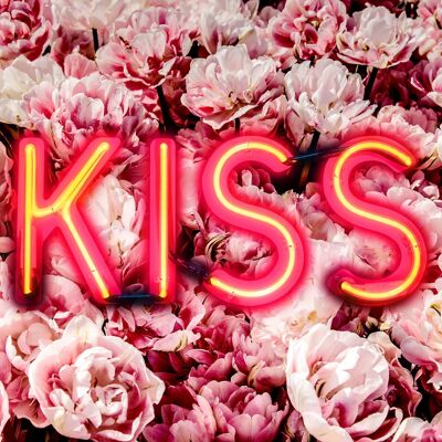 Kiss Neon Sign Roses Print - 50x70 - Matte