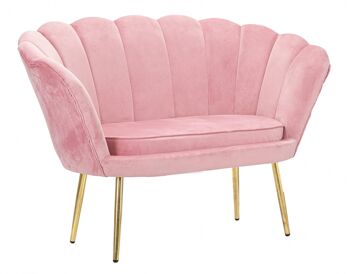 Canapé 2 places Dmora en velours, couleur rose, avec pieds dorés au design particulier qui rappelle les pétales d'une fleur, Mesure 74 x 84 x 130 cm 1