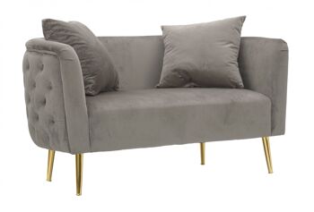 Canapé 2 places Dmora en bois de jeu, recouvert de velours et métal doré, complet avec 2 coussins, couleur grise, Dimensions 74 x 71 x 127 cm