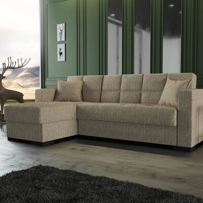 Dmora Divano letto Fernando, Divano letto ad angolo con penisola reversibile, Sofà contenitore da soggiorno con chaislongue e 2 cuscini, Cm 230x150h81, Beige