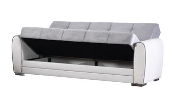Canapé-lit Dmora Luis, canapé-lit de rangement 3 places en éco-cuir et tissu, Canapé de salon en tissu rembourré avec ouverture clic-clac, Cm 220x84h91, Blanc et Gris 3