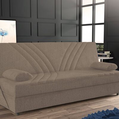 Dmora Divano letto Ramon, Divano letto contenitore a 3 posti con 2 cuscini inclusi, Sofà da soggiorno in tessuto imbottito con apertura click-clack, Cm 181x81h88, Beige