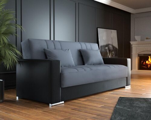 Dmora Divano letto Sergio, Divano letto contenitore a 3 posti in ecopelle e tessuto, Sofà da soggiorno con apertura click-clack e 2 cuscini inclusi, Cm 230 x96h101, Nero e Grigio