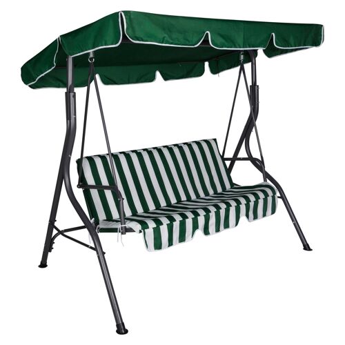 Dmora Dondolo da giardino 3 posti con tettuccio e cuscino, colore verde e bianco, Misure 110 x 165 x 180 cm