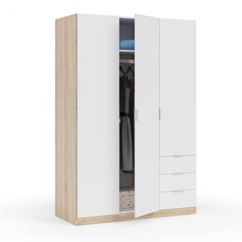 Dmora Armoire Allentown, Armoire de chambre à coucher avec 3 portes et 3 tiroirs, Armoire avec tringle à vêtements et 3 étagères 121x80h180 cm, Blanc et Chêne 3