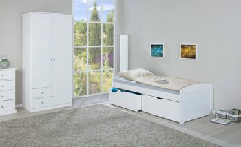 Dmora Lit conteneur avec 2 grands tiroirs, bois de pin massif verni blanc, 98x205x63 cm, sommier inclus 2