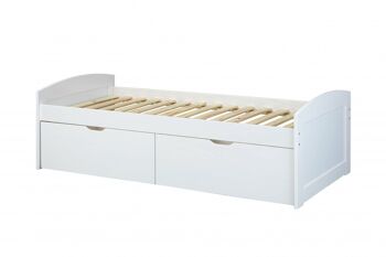 Dmora Lit conteneur avec 2 grands tiroirs, bois de pin massif verni blanc, 98x205x63 cm, sommier inclus 3
