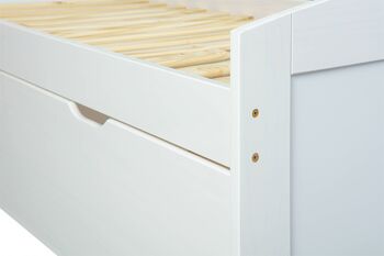 Dmora Lit conteneur avec 2 grands tiroirs, bois de pin massif verni blanc, 98x205x63 cm, sommier inclus 5