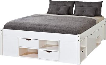 Dmora Lit double avec compartiments de rangement et table de chevet incluse avec roulettes, couleur blanche, 166,5 x 47,5 x 209 cm 2