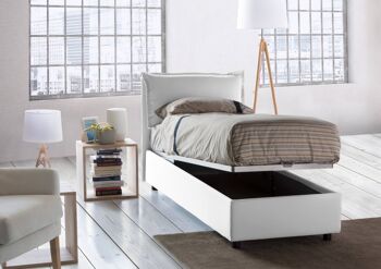 Lit simple Dmora Carolina, Lit coffre avec revêtement en tissu, Fabriqué en Italie, Ouverture frontale, avec matelas 80x190 cm inclus, Blanc 2