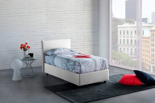 Dmora Letto singolo Chiaraluna, Letto contenitore con rivestimento in tessuto, Made in Italy, Apertura frontale, con materasso cm 90x190 incluso, Bianco