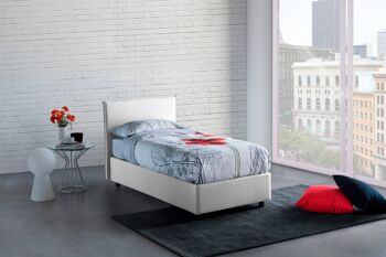 Lit simple Dmora Chiaraluna, Lit coffre avec revêtement en tissu, Fabriqué en Italie, Ouverture frontale, avec matelas 90x190 cm inclus, Blanc 1