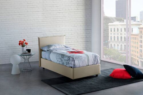 Dmora Letto singolo Cira, Letto contenitore con rivestimento in tessuto, Made in Italy, Apertura frontale, adatto per materasso cm 90x200, Beige