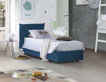 Lit simple Dmora Clarissa, Lit coffre avec revêtement en tissu, Fabriqué en Italie, Ouverture frontale, adapté au matelas 80x190 cm, Bleu 1