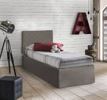 Lit simple Dmora Cleofe, Tête de lit en éco-cuir avec base orthopédique et cantonnière, Made in Italy, adapté au lit simple, pour matelas 80x190 cm, Tortora 1