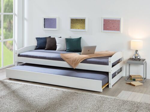 Dmora Letto singolo con secondo letto sollevabile, in pino massello color bianco, cm 209x97x62