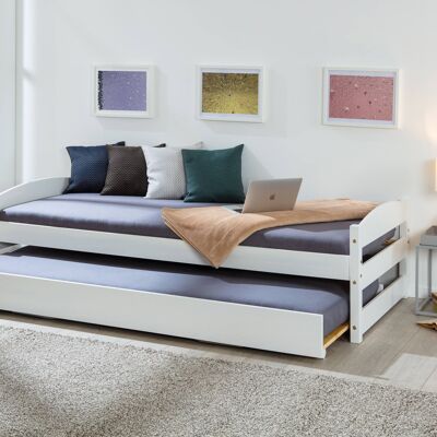 Dmora Letto singolo con secondo letto sollevabile, in pino massello color bianco, cm 209x97x62