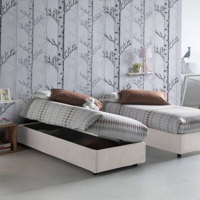 Dmora Letto singolo Diana, Letto contenitore con rivestimento in tessuto, Made in Italy, Apertura laterale, con materasso cm 80x190 incluso, Bianco