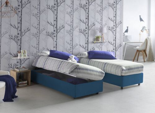 Dmora Letto singolo Diana, Letto contenitore con rivestimento in tessuto, Made in Italy, Apertura laterale, con materasso cm 80x190 incluso, Blu